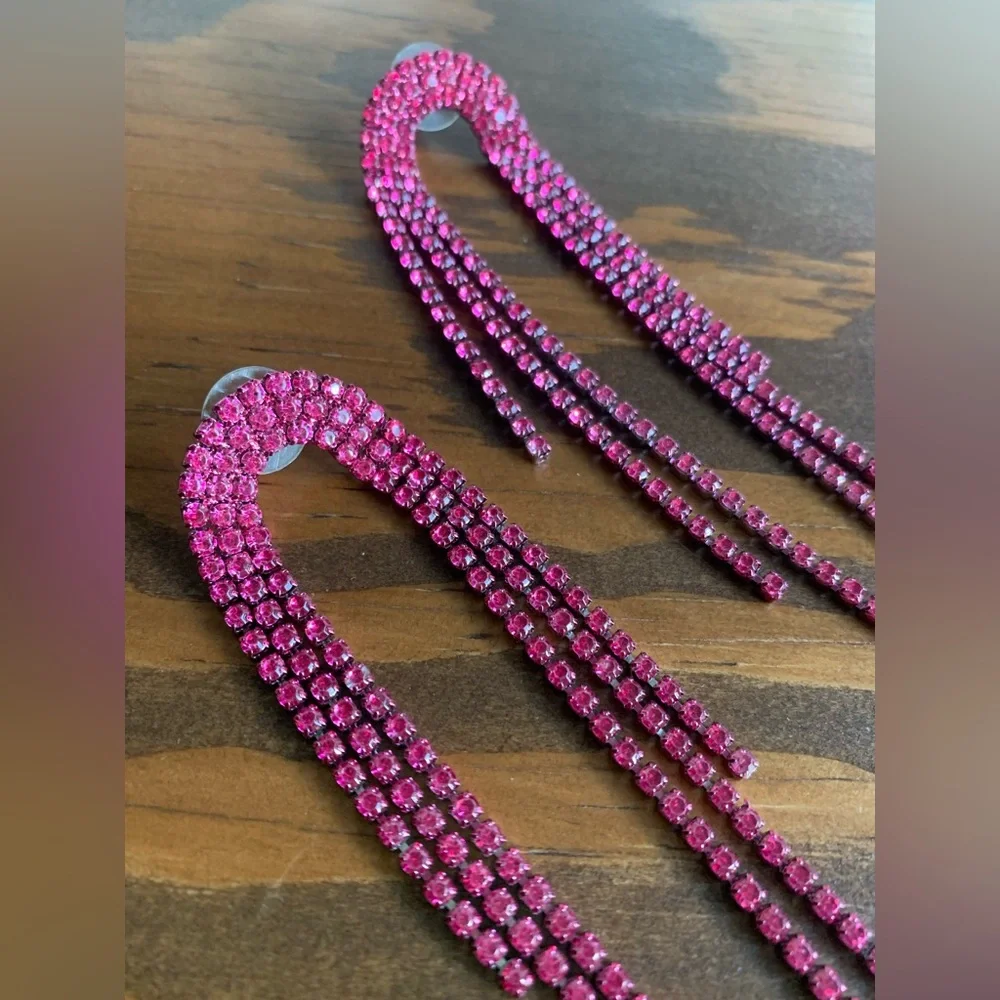 Pink Rhinestone Drop Earrings - Picture 2 of 4